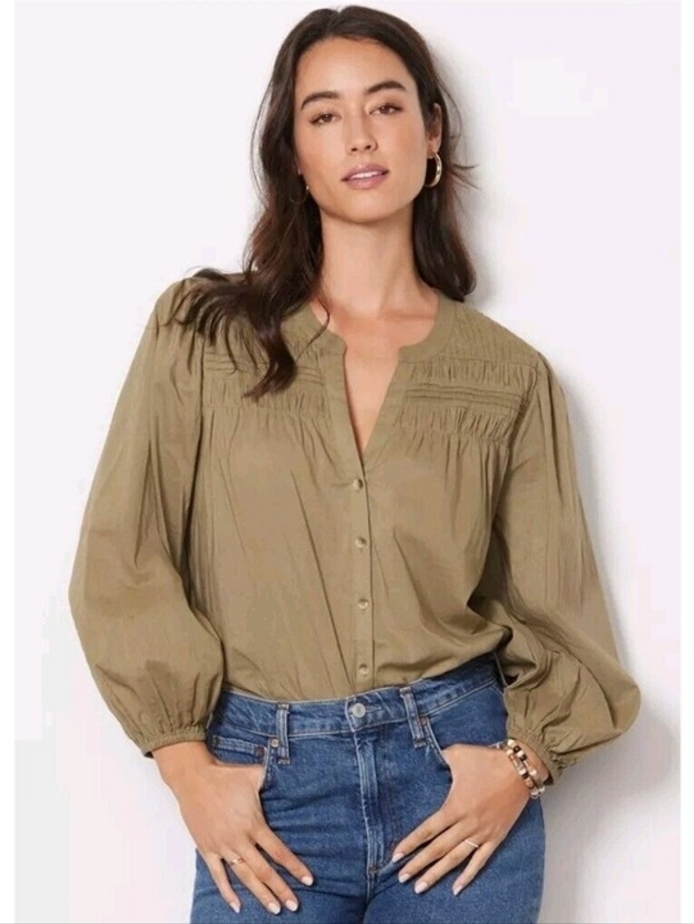 Cleobella River Organic Cotton Pintuck Puff Sleeve Button Up Blouse Olive Green